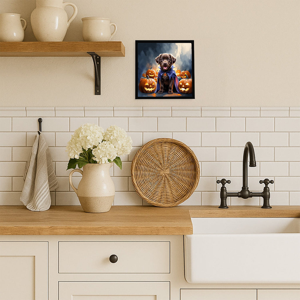 Chocolate Labrador Retriever Puppy Halloween Framed Metal Print Bathroom, Kitchen, Office, Home Decor Wall Art Ready to Hang, Square, 8X8