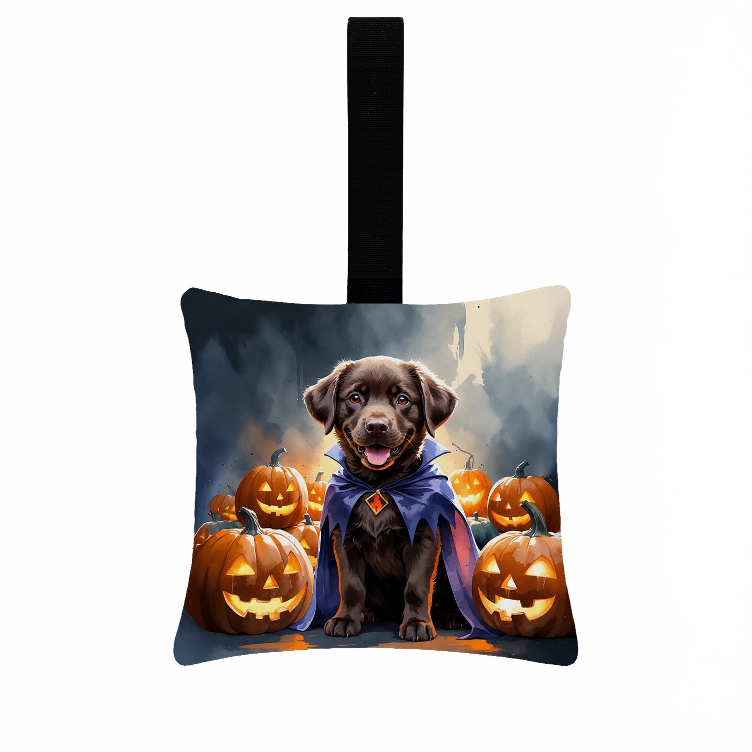 Chocolate Labrador Retriever Puppy Halloween Hanging Square Fabric Ornament 3.5 × 3.5 Decorative Door-Knob & Tree Hanger, Soft Fabric