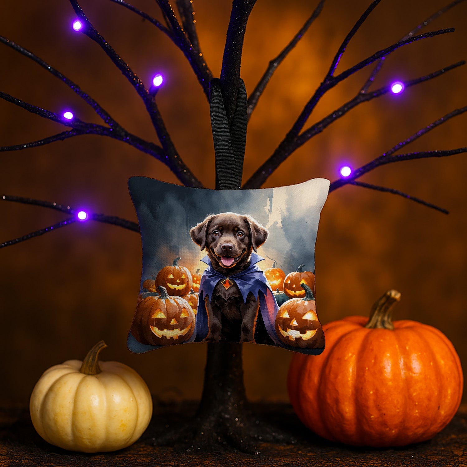 Chocolate Labrador Retriever Puppy Halloween Hanging Square Fabric Ornament 3.5 × 3.5 Decorative Door-Knob & Tree Hanger, Soft Fabric