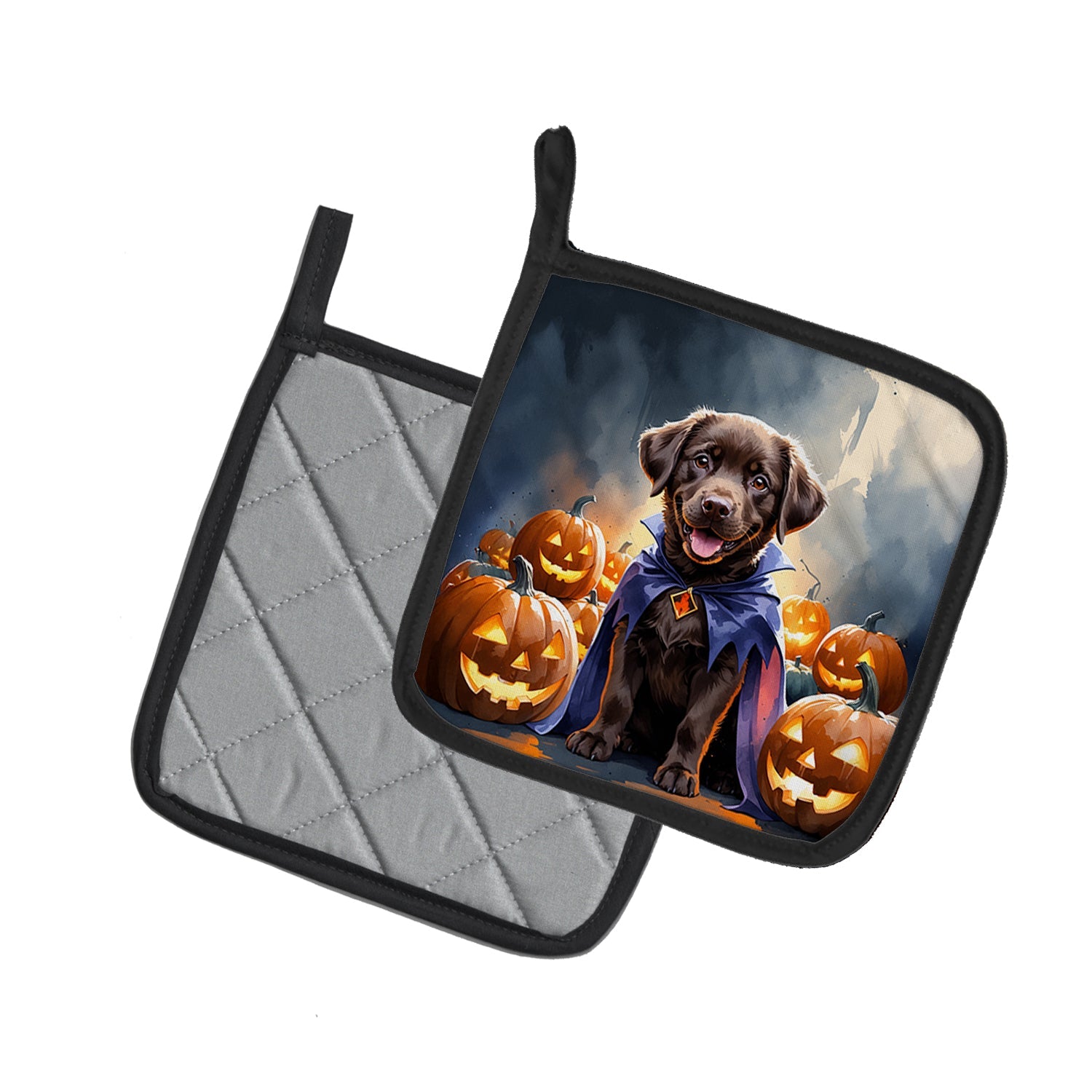 Chocolate Labrador Retriever Puppy Halloween Pot Holder Set of 2 Heat Resistant Quilted Hot Pads 7.5 x 7.5 Inch, Insulated Kitchen Trivets for Cooking & Baking