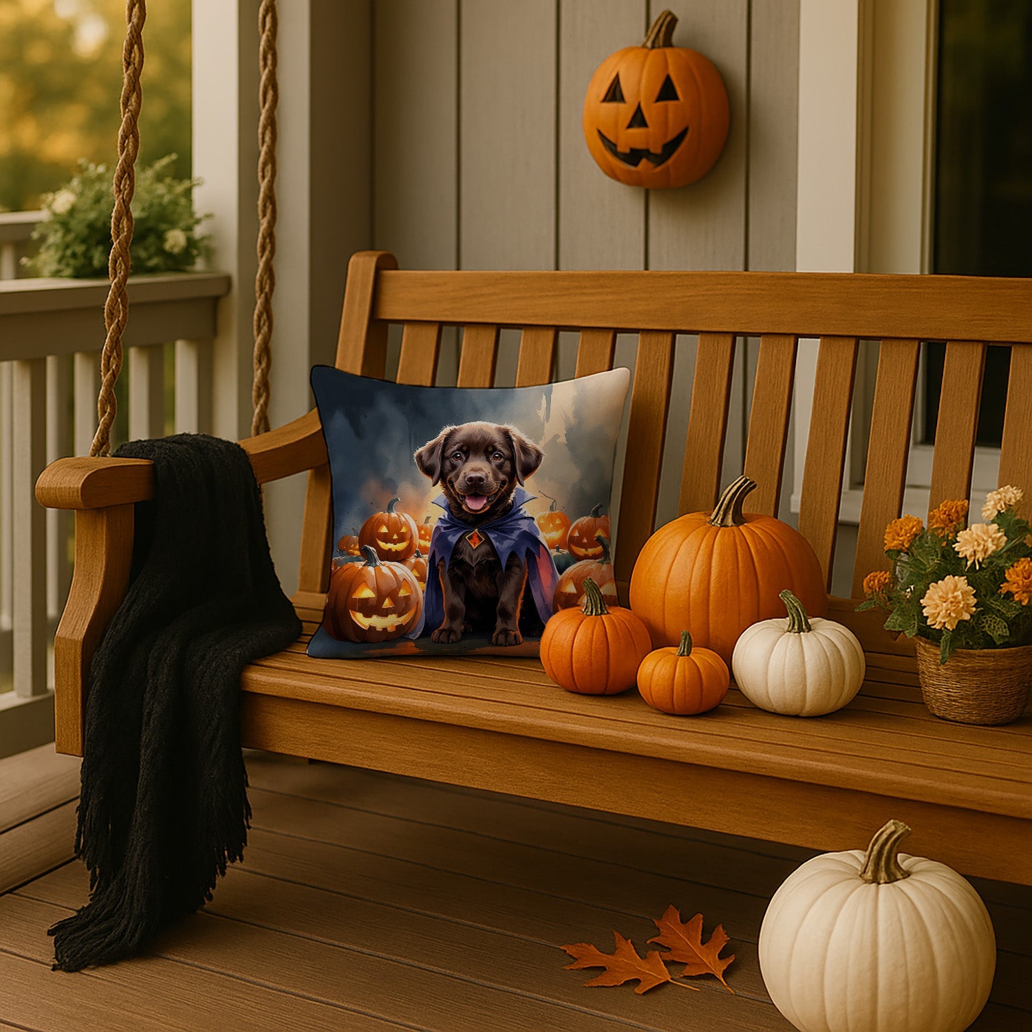 Chocolate Labrador Retriever Puppy Halloween Decorative Throw Pillow 14x14 Indoor Outdoor Accent Cushion, Fabric Cover with Insert for Sofa, Bed, Porch & Living Room
