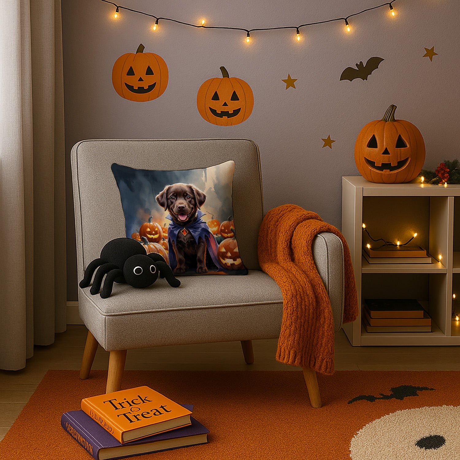 Chocolate Labrador Retriever Puppy Halloween Decorative Throw Pillow 14x14 Indoor Outdoor Accent Cushion, Fabric Cover with Insert for Sofa, Bed, Porch & Living Room