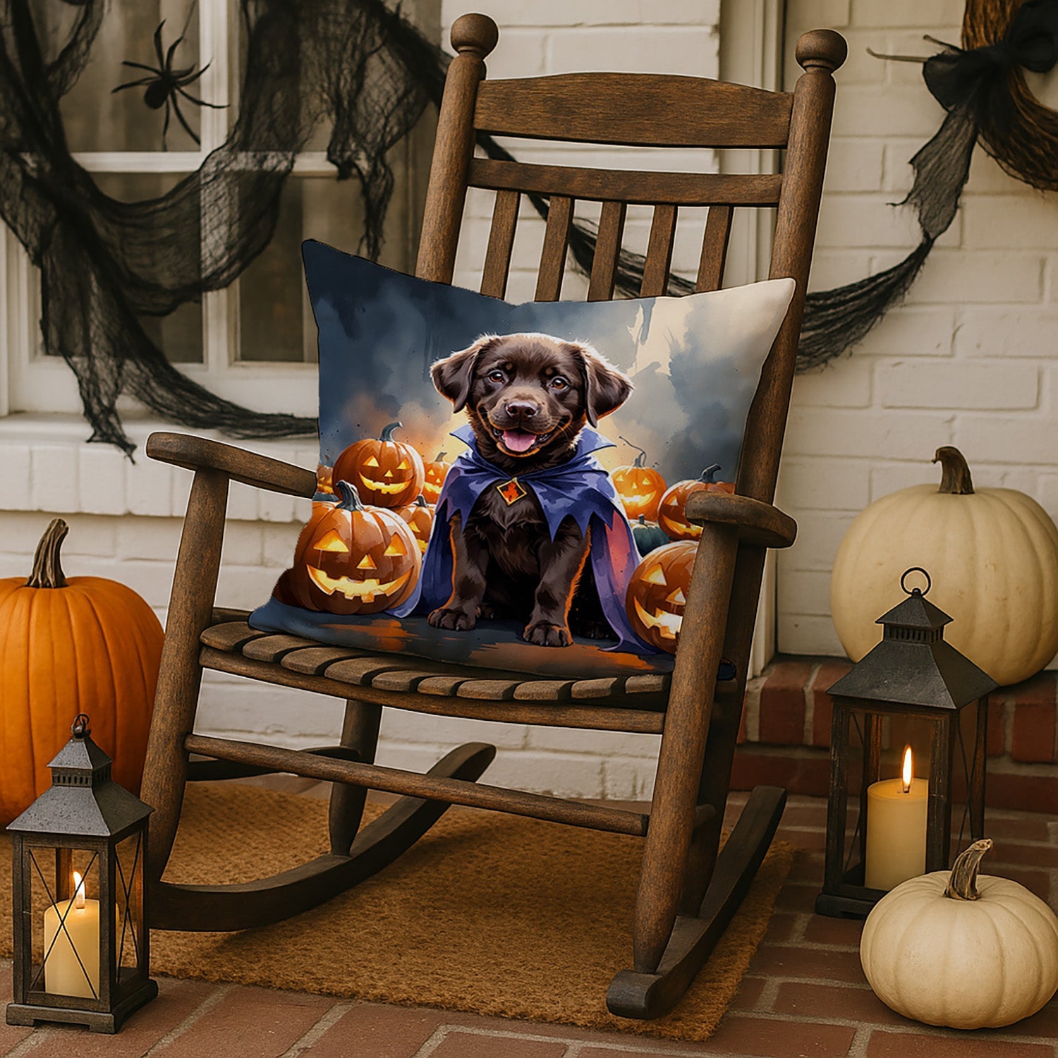 Chocolate Labrador Retriever Puppy Halloween Decorative Throw Pillow 18x18 Indoor Outdoor Accent Cushion, Fabric Cover with Insert for Sofa, Bed, Porch & Living Room