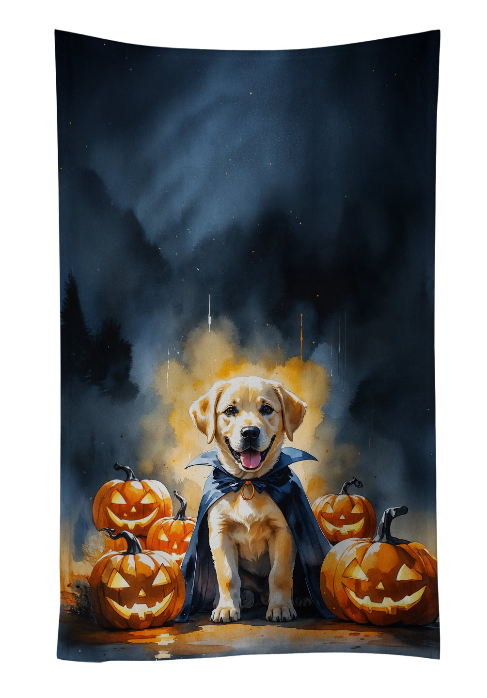 Yellow Labrador Retriever Puppy Halloween Kitchen Towel Velour Plush Front and Cotton Loop Back Machine Washable