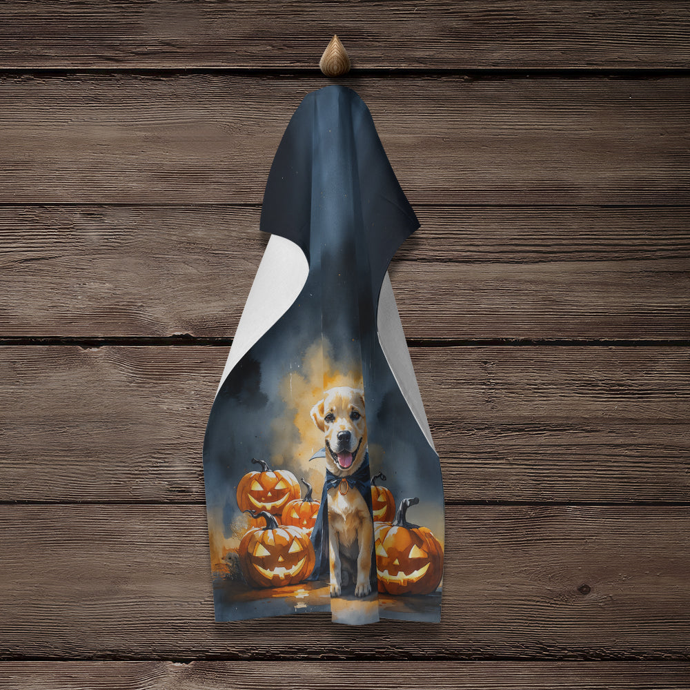 Yellow Labrador Retriever Puppy Halloween Kitchen Towel Velour Plush Front and Cotton Loop Back Machine Washable