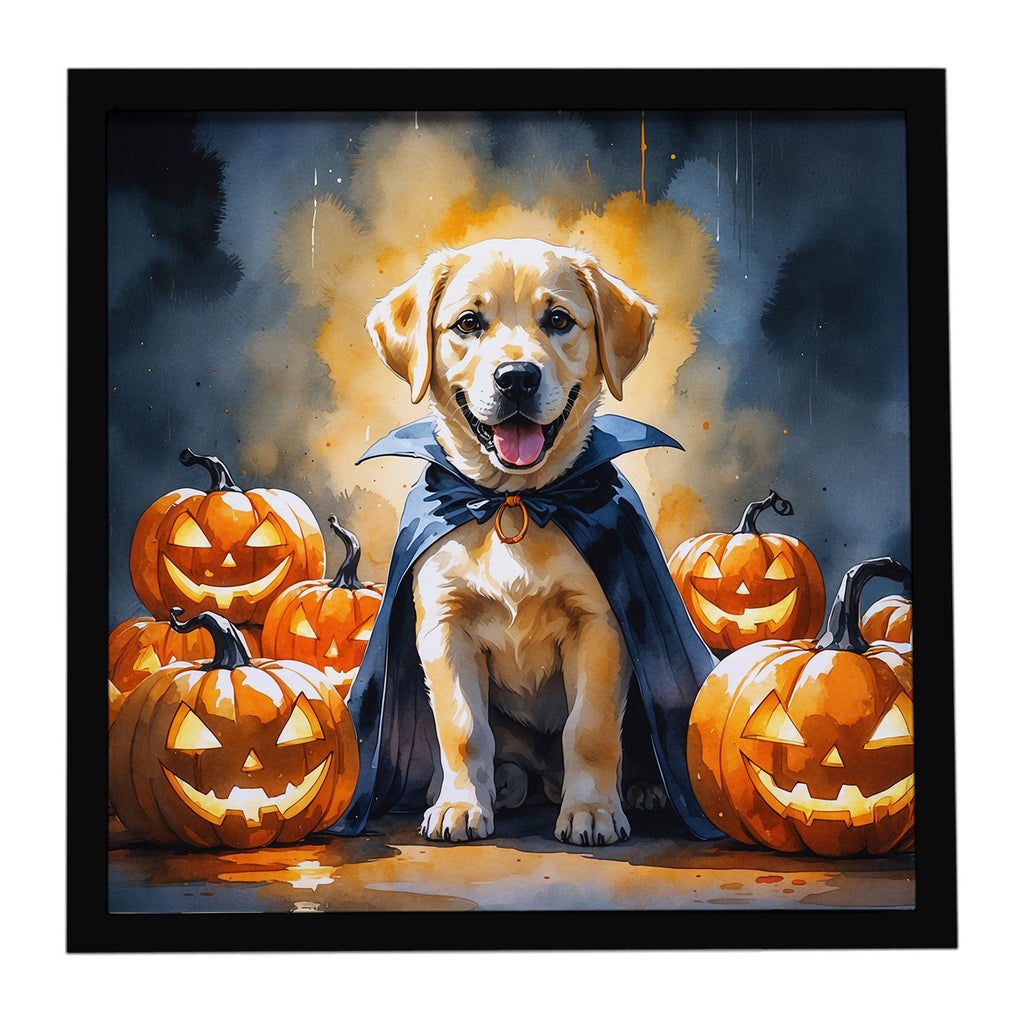 Yellow Labrador Retriever Puppy Halloween Framed Metal Print Bathroom, Kitchen, Office, Home Decor Wall Art Ready to Hang, Square, 8X8
