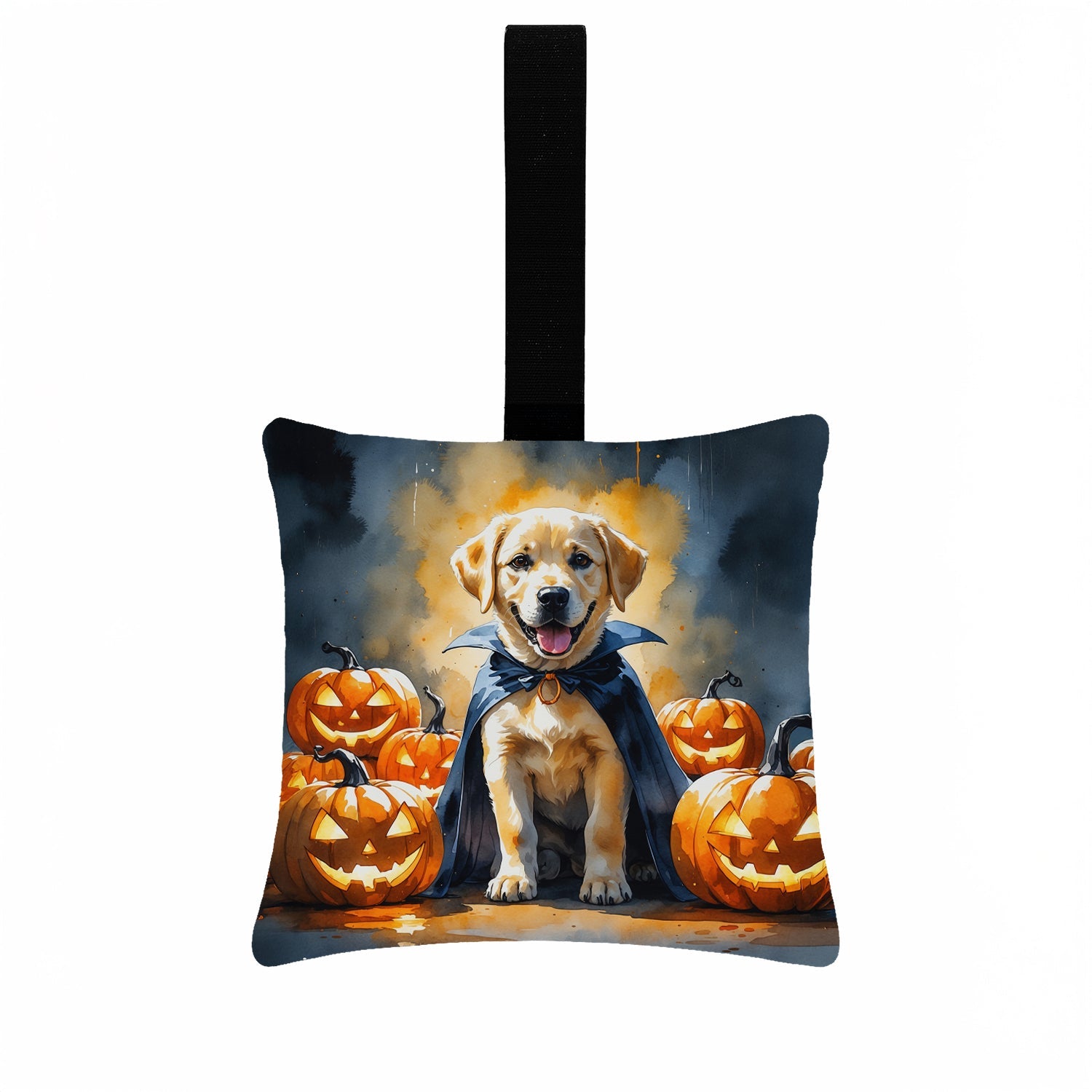 Yellow Labrador Retriever Puppy Halloween Hanging Square Fabric Ornament 3.5 × 3.5 Decorative Door-Knob & Tree Hanger, Soft Fabric
