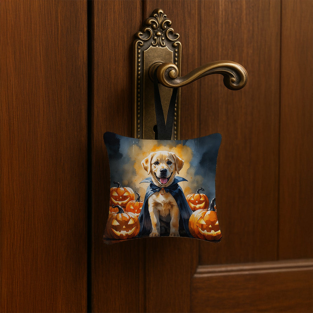 Yellow Labrador Retriever Puppy Halloween Hanging Square Fabric Ornament 3.5 × 3.5 Decorative Door-Knob & Tree Hanger, Soft Fabric