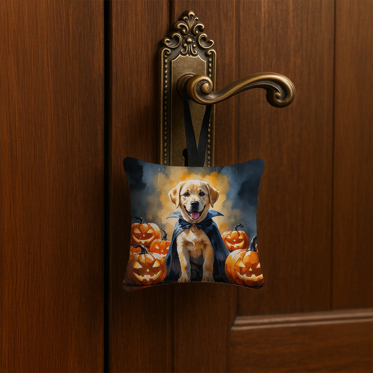Yellow Labrador Retriever Puppy Halloween Hanging Square Fabric Ornament 3.5 × 3.5 Decorative Door-Knob & Tree Hanger, Soft Fabric