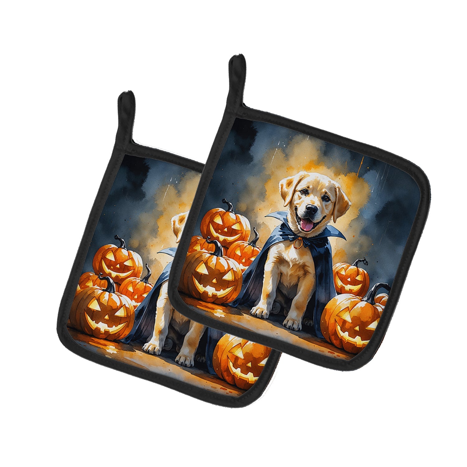 Yellow Labrador Retriever Puppy Halloween Pot Holder Set of 2 Heat Resistant Quilted Hot Pads 7.5 x 7.5 Inch, Insulated Kitchen Trivets for Cooking & Baking