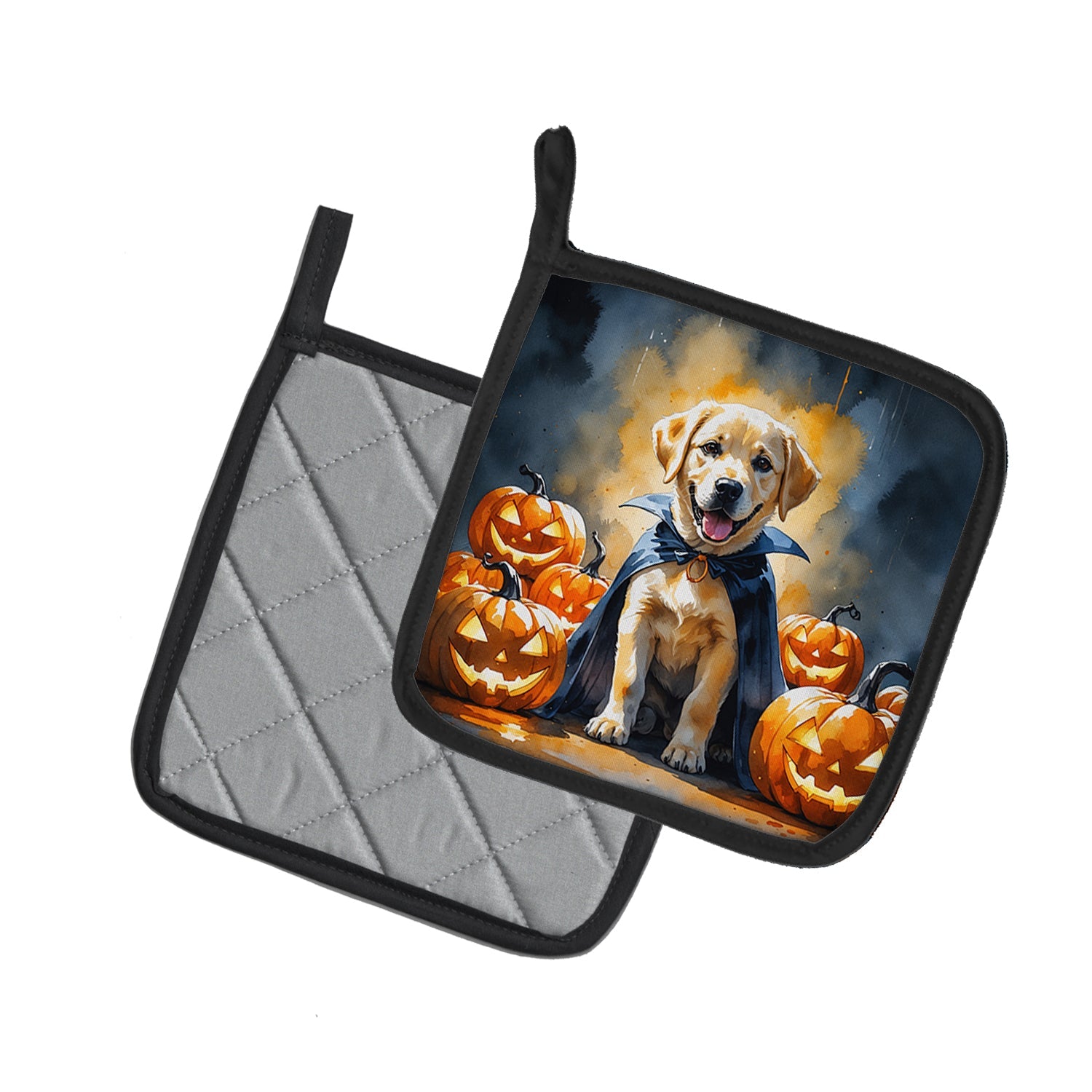 Yellow Labrador Retriever Puppy Halloween Pot Holder Set of 2 Heat Resistant Quilted Hot Pads 7.5 x 7.5 Inch, Insulated Kitchen Trivets for Cooking & Baking