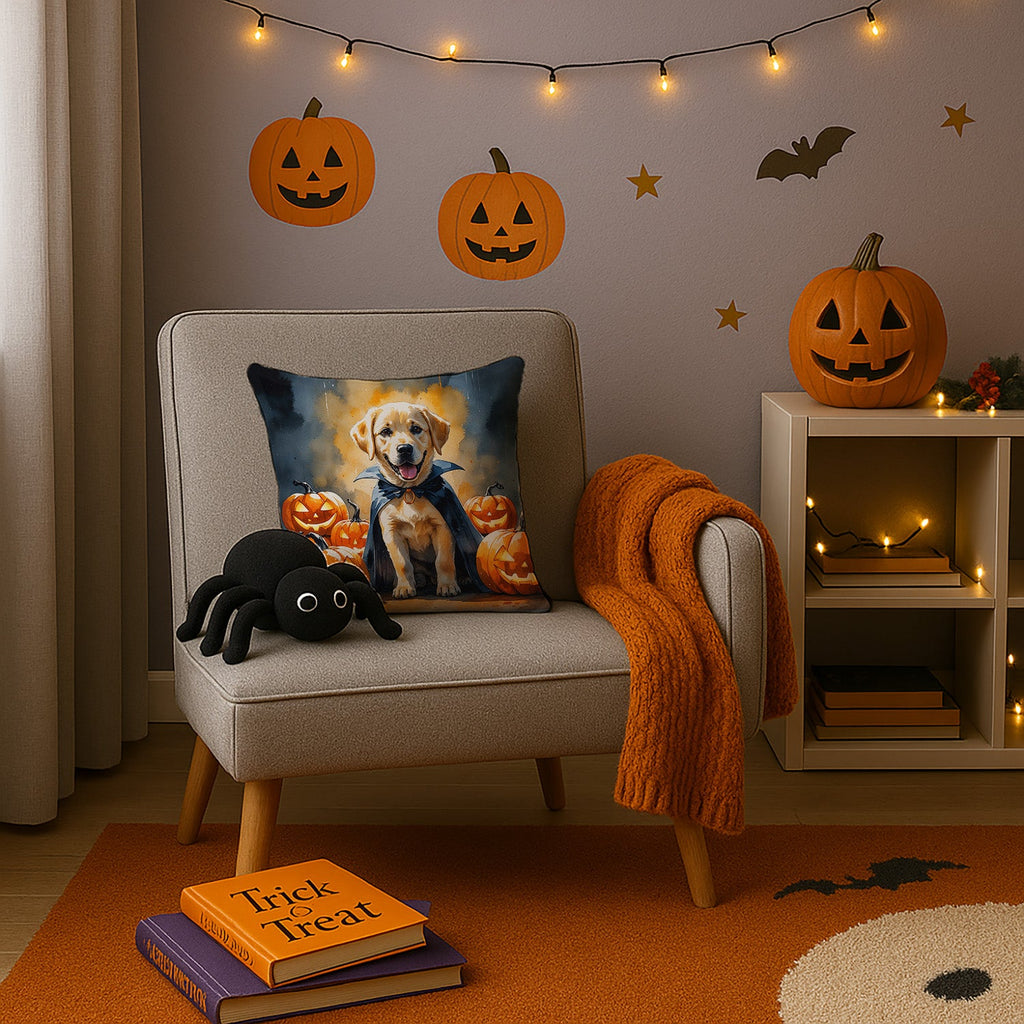 Yellow Labrador Retriever Puppy Halloween Decorative Throw Pillow 14x14 Indoor Outdoor Accent Cushion, Fabric Cover with Insert for Sofa, Bed, Porch & Living Room