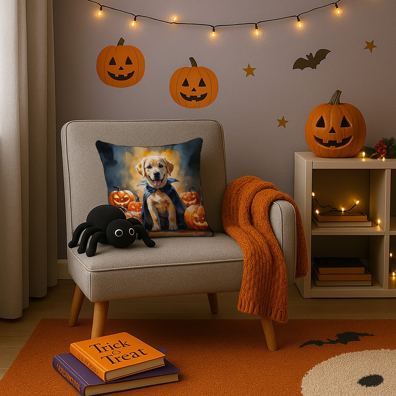 Yellow Labrador Retriever Puppy Halloween Decorative Throw Pillow 14x14 Indoor Outdoor Accent Cushion, Fabric Cover with Insert for Sofa, Bed, Porch & Living Room