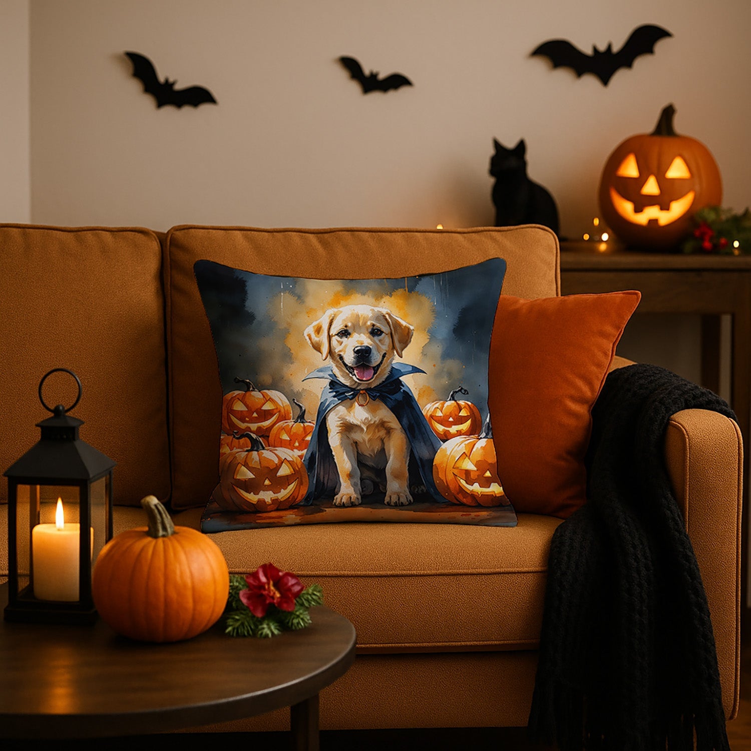 Yellow Labrador Retriever Puppy Halloween Decorative Throw Pillow 18x18 Indoor Outdoor Accent Cushion, Fabric Cover with Insert for Sofa, Bed, Porch & Living Room