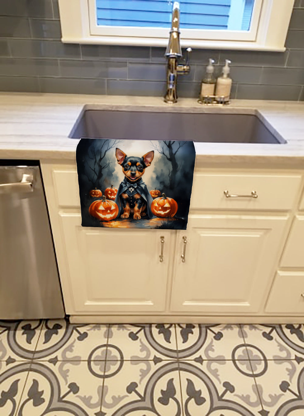 Miniature Pinscher Puppy Halloween Kitchen Towel Velour Plush Front and Cotton Loop Back Machine Washable