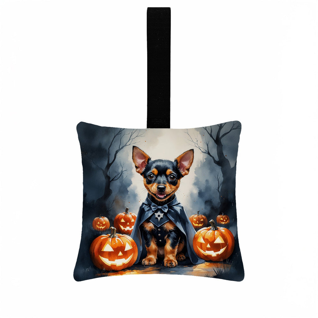 Miniature Pinscher Puppy Halloween Hanging Square Fabric Ornament 3.5 × 3.5 Decorative Door-Knob & Tree Hanger, Soft Fabric