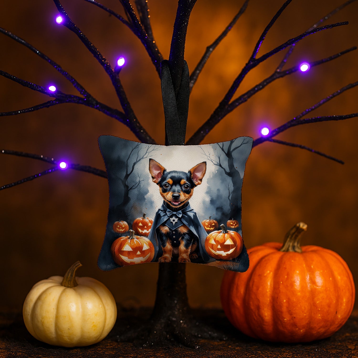 Miniature Pinscher Puppy Halloween Hanging Square Fabric Ornament 3.5 × 3.5 Decorative Door-Knob & Tree Hanger, Soft Fabric