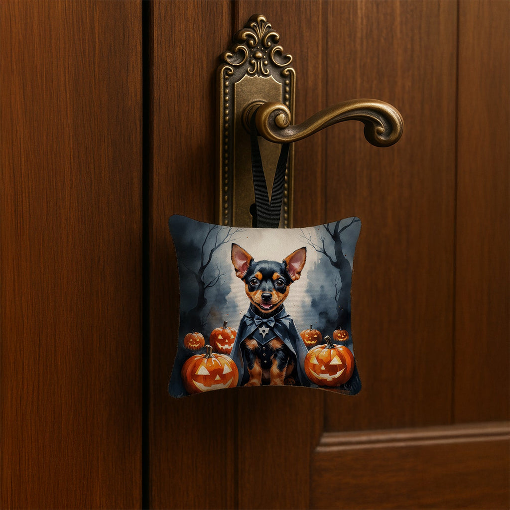 Miniature Pinscher Puppy Halloween Hanging Square Fabric Ornament 3.5 × 3.5 Decorative Door-Knob & Tree Hanger, Soft Fabric