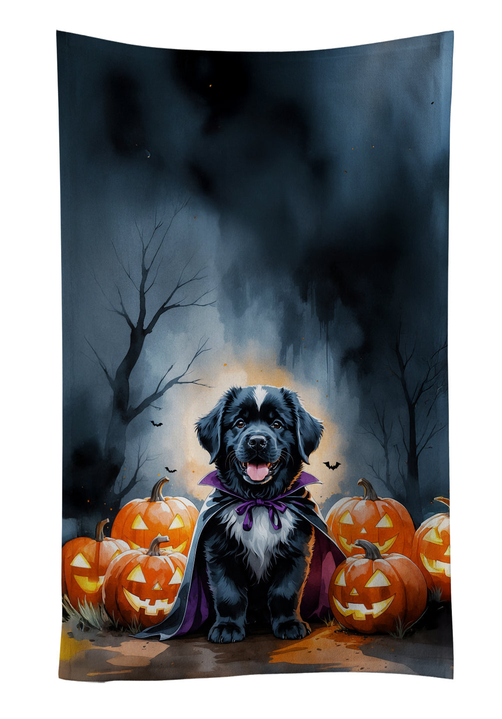 Newfoundland Puppy Halloween Kitchen Towel Velour Plush Front and Cotton Loop Back Machine Washable