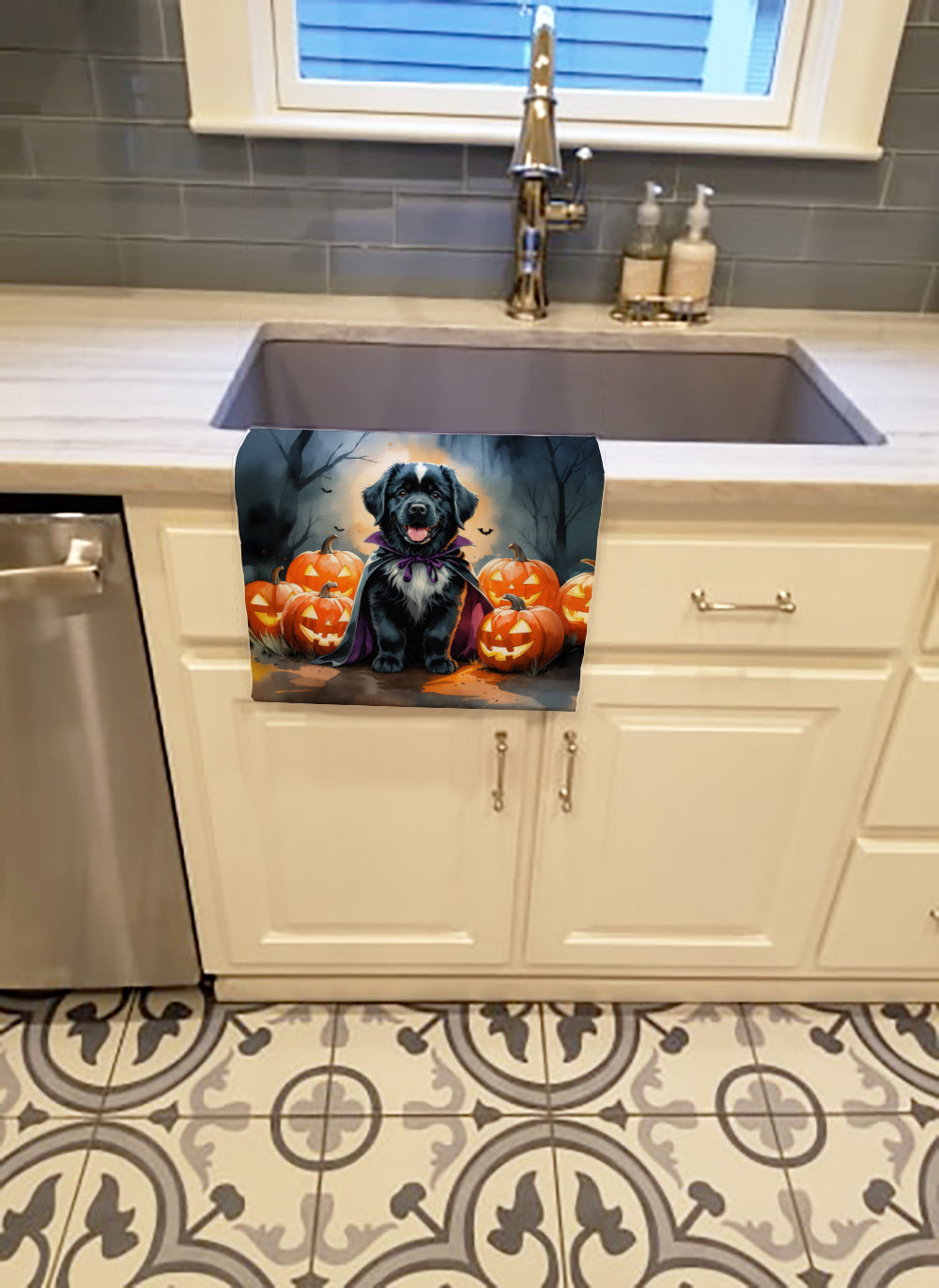 Newfoundland Puppy Halloween Kitchen Towel Velour Plush Front and Cotton Loop Back Machine Washable