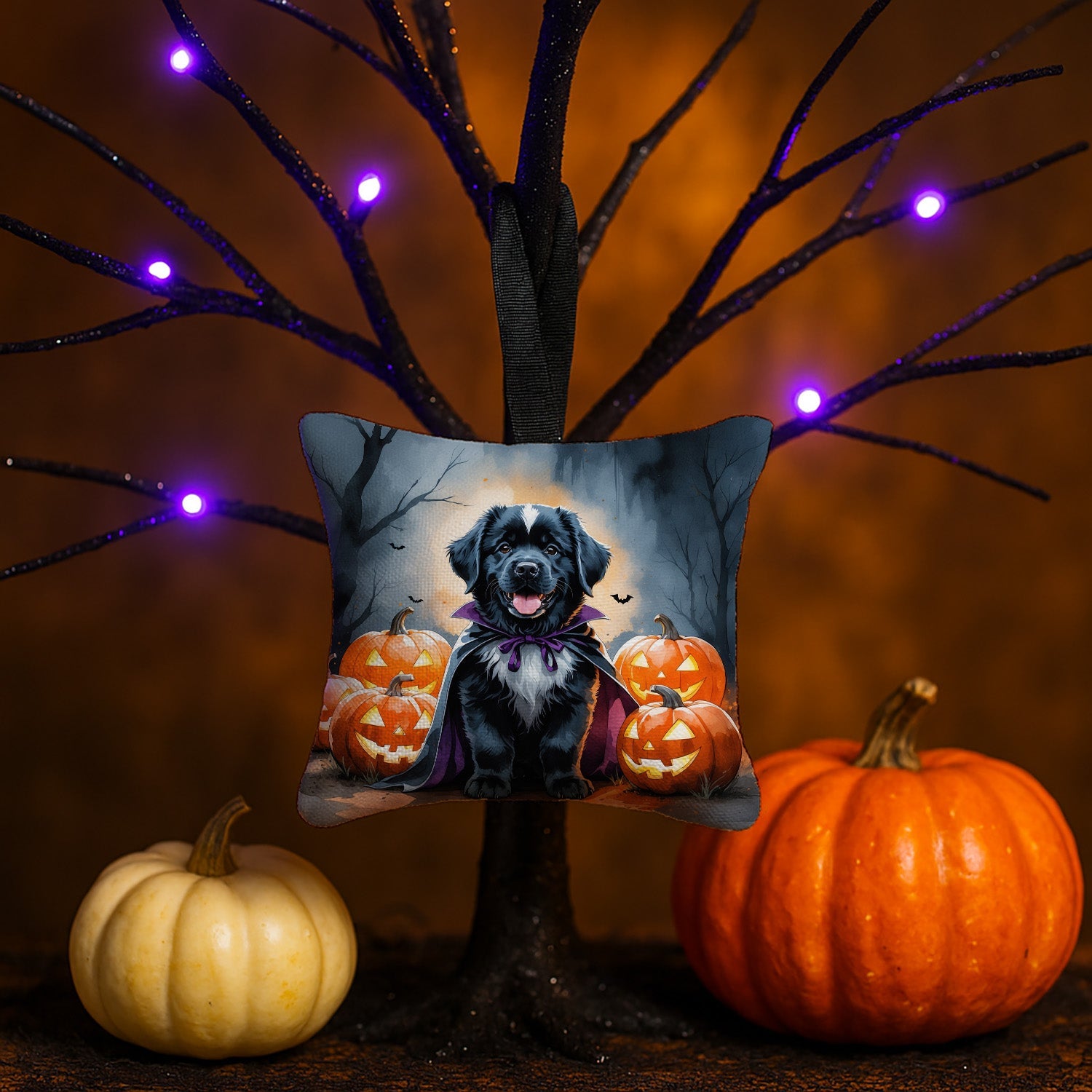 Newfoundland Puppy Halloween Hanging Square Fabric Ornament 3.5 × 3.5 Decorative Door-Knob & Tree Hanger, Soft Fabric