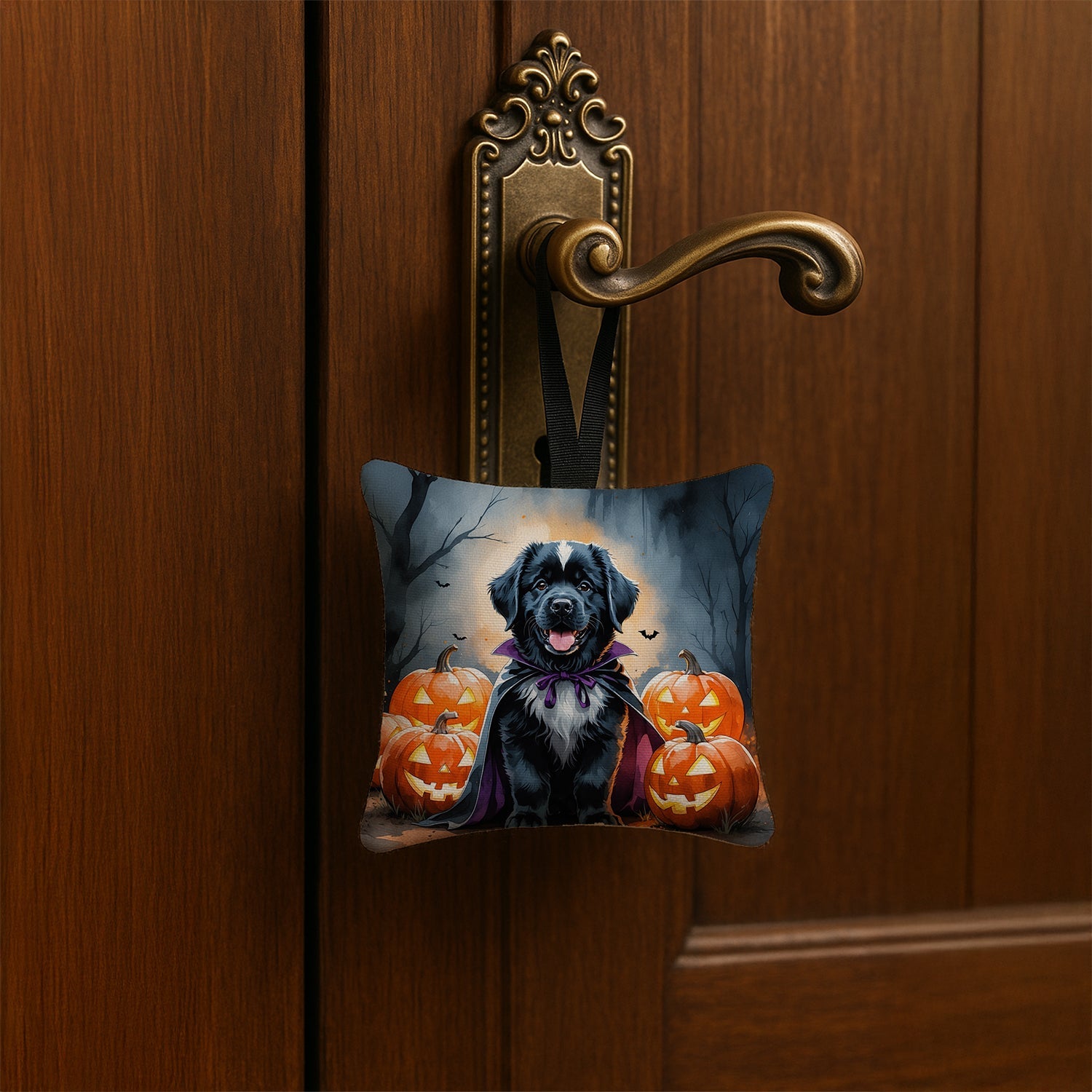 Newfoundland Puppy Halloween Hanging Square Fabric Ornament 3.5 × 3.5 Decorative Door-Knob & Tree Hanger, Soft Fabric