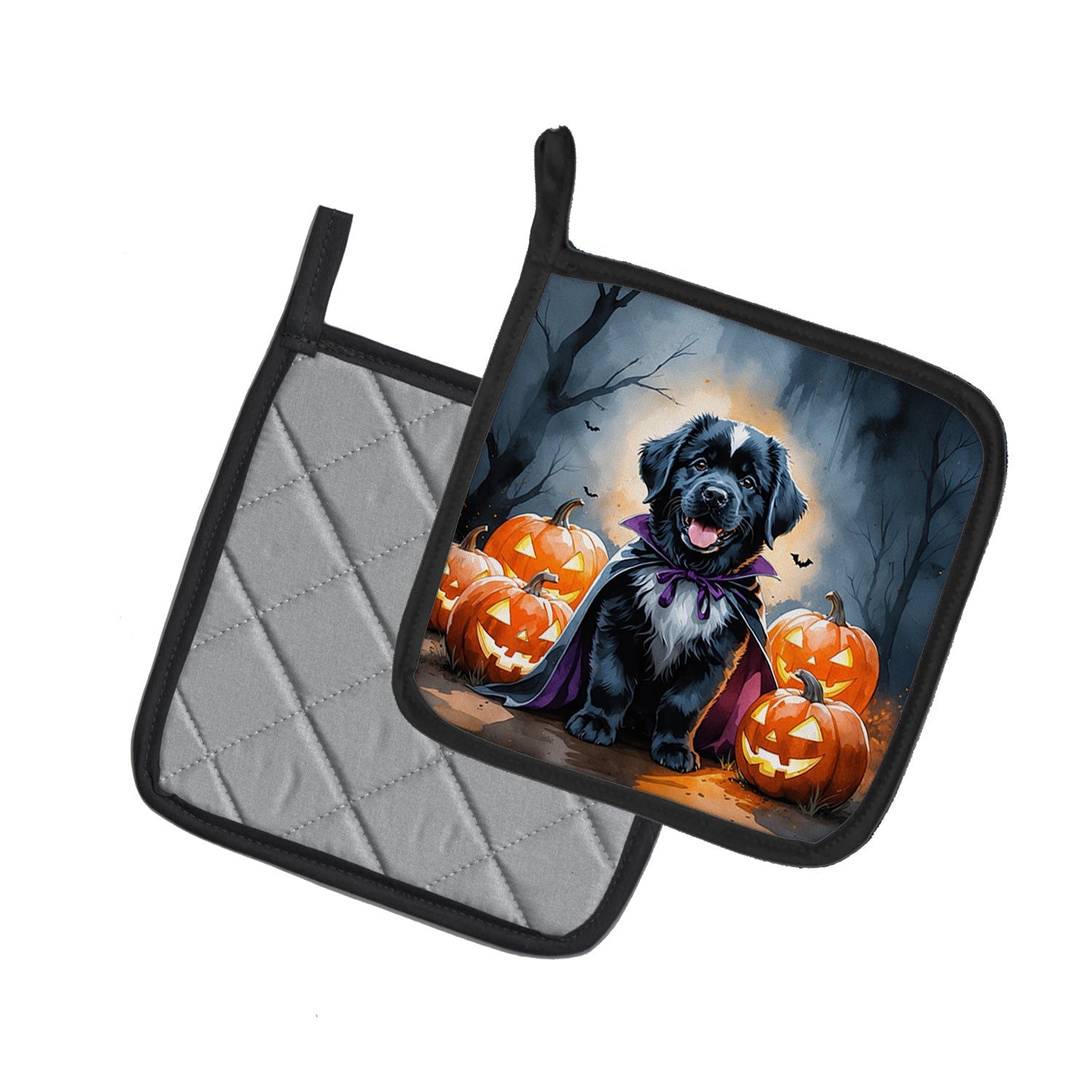 Newfoundland Puppy Halloween Pot Holder Set of 2 Heat Resistant Quilted Hot Pads 7.5 x 7.5 Inch, Insulated Kitchen Trivets for Cooking & Baking