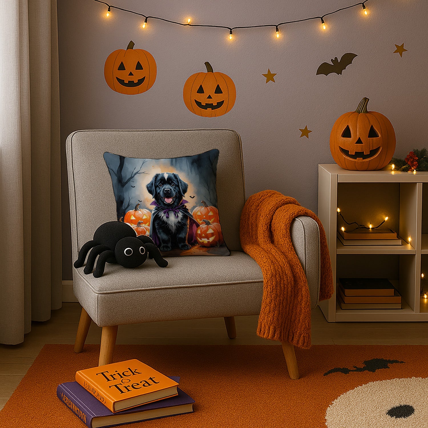 Newfoundland Puppy Halloween Decorative Throw Pillow 14x14 Indoor Outdoor Accent Cushion, Fabric Cover with Insert for Sofa, Bed, Porch & Living Room