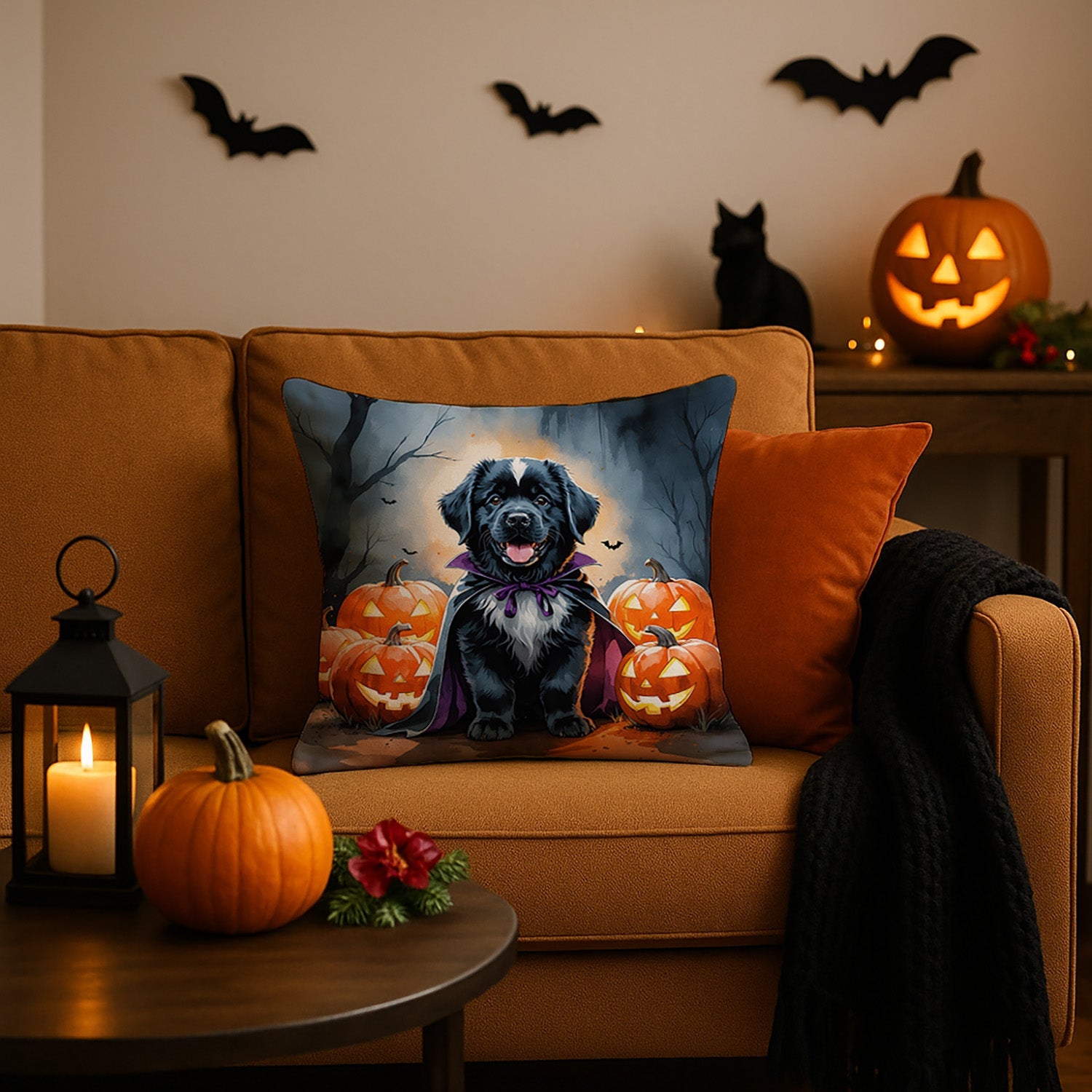 Newfoundland Puppy Halloween Decorative Throw Pillow 18x18 Indoor Outdoor Accent Cushion, Fabric Cover with Insert for Sofa, Bed, Porch & Living Room