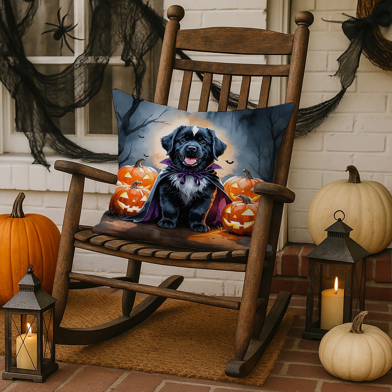 Newfoundland Puppy Halloween Decorative Throw Pillow 18x18 Indoor Outdoor Accent Cushion, Fabric Cover with Insert for Sofa, Bed, Porch & Living Room