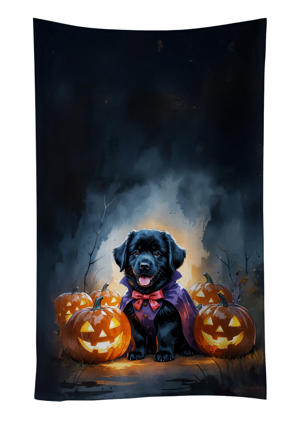 Black Newfoundland Puppy Halloween Kitchen Towel Velour Plush Front and Cotton Loop Back Machine Washable