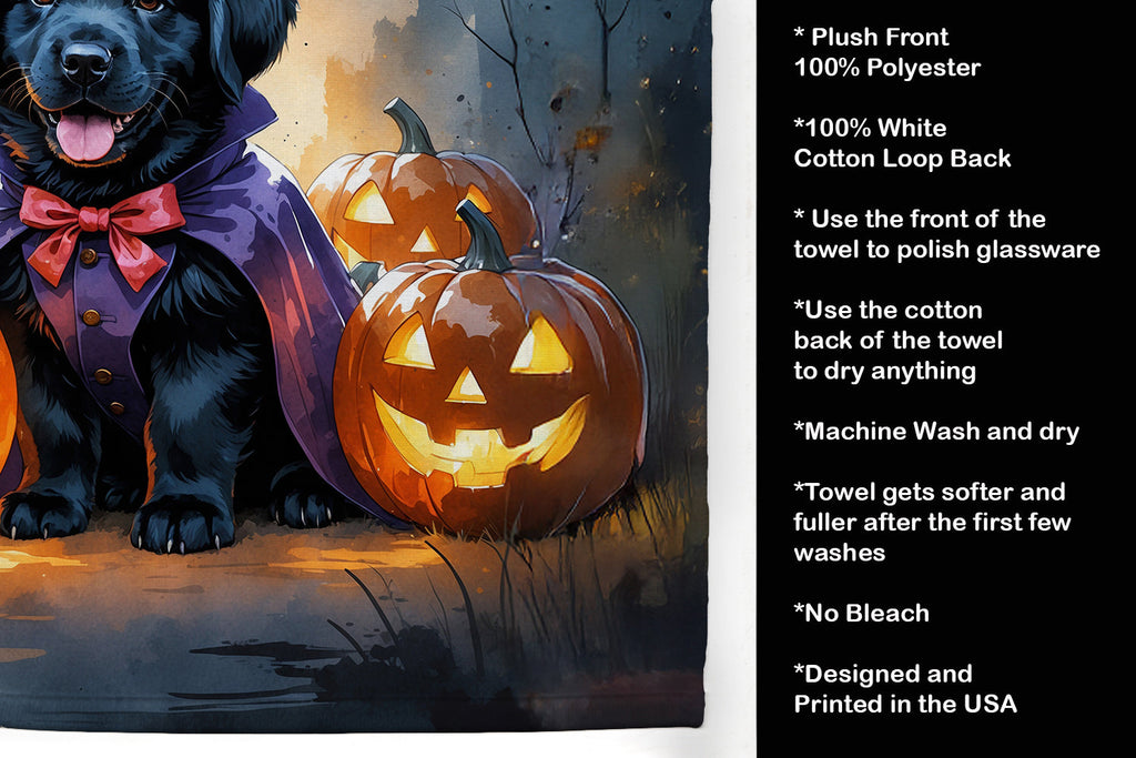 Black Newfoundland Puppy Halloween Kitchen Towel Velour Plush Front and Cotton Loop Back Machine Washable
