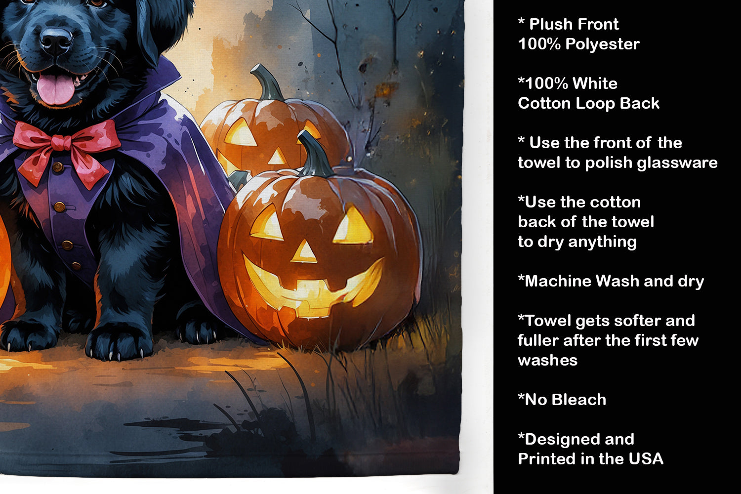 Black Newfoundland Puppy Halloween Kitchen Towel Velour Plush Front and Cotton Loop Back Machine Washable