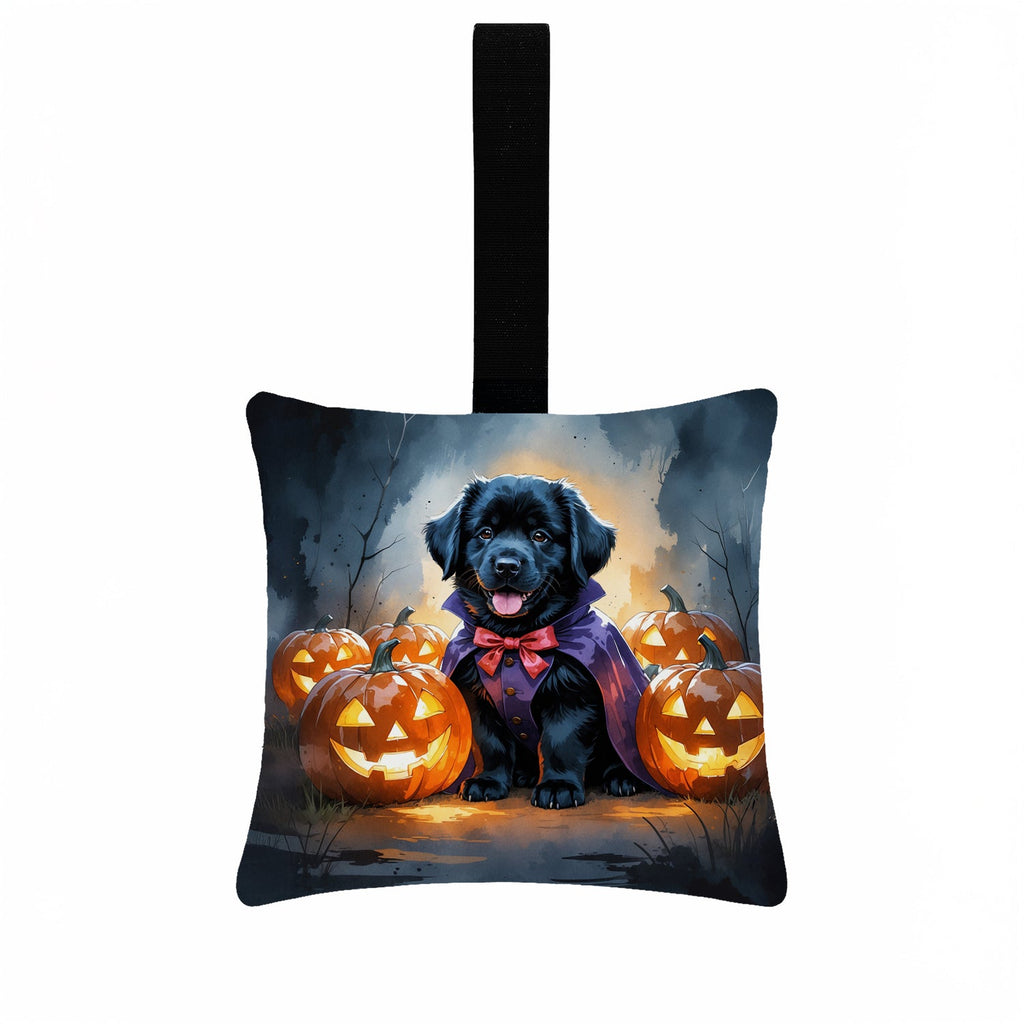 Black Newfoundland Puppy Halloween Hanging Square Fabric Ornament 3.5 × 3.5 Decorative Door-Knob & Tree Hanger, Soft Fabric