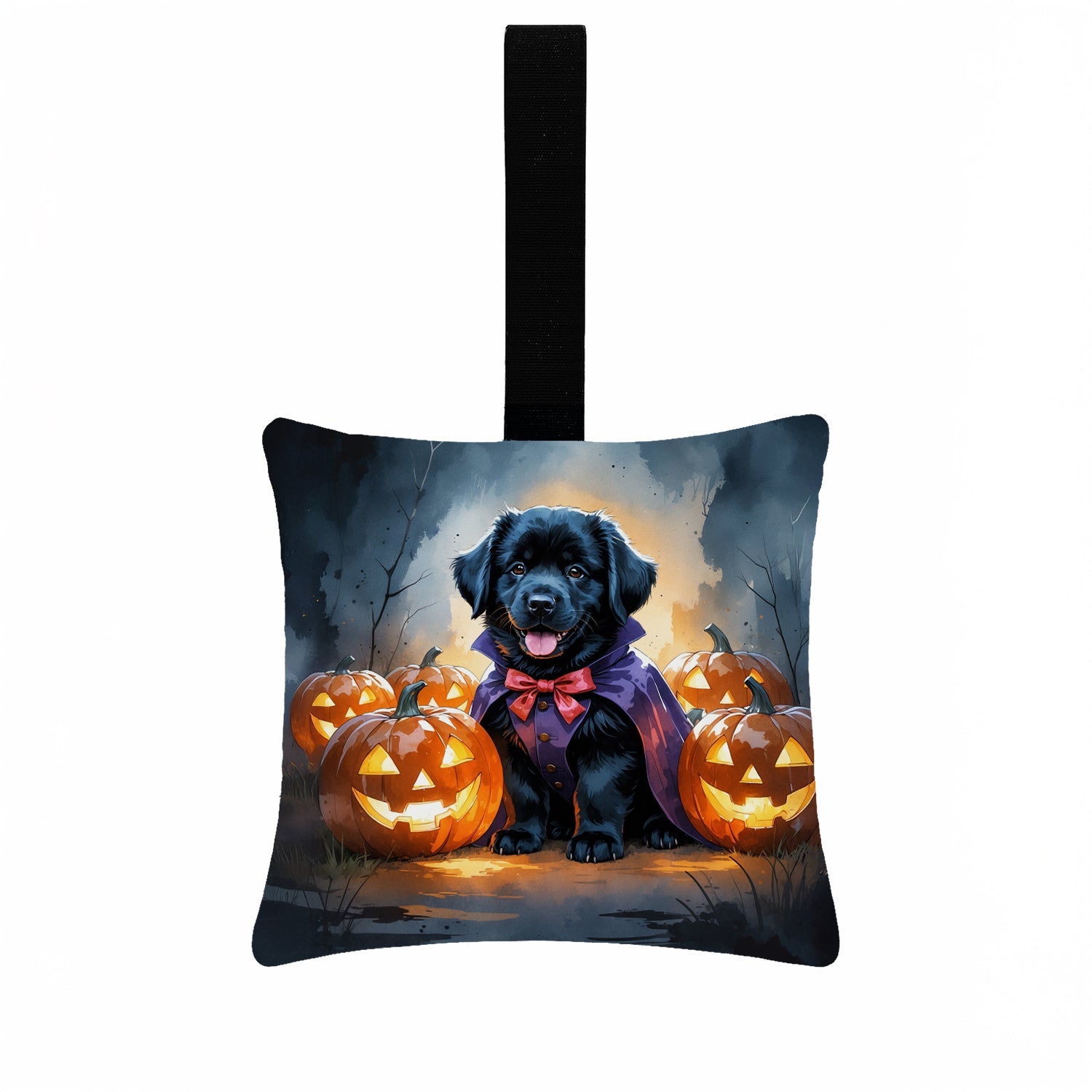 Black Newfoundland Puppy Halloween Hanging Square Fabric Ornament 3.5 × 3.5 Decorative Door-Knob & Tree Hanger, Soft Fabric
