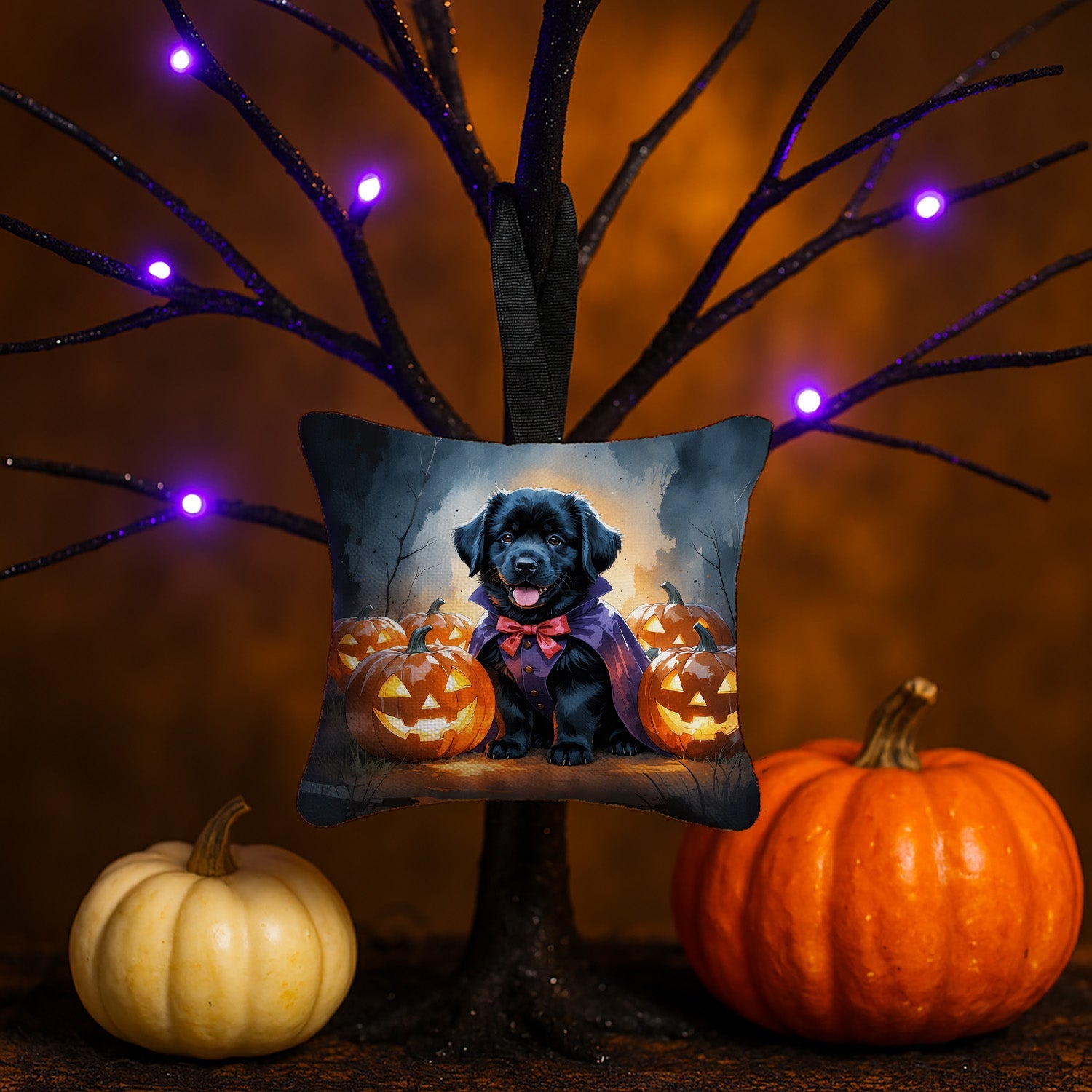 Black Newfoundland Puppy Halloween Hanging Square Fabric Ornament 3.5 × 3.5 Decorative Door-Knob & Tree Hanger, Soft Fabric