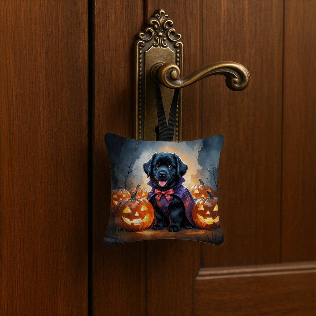 Black Newfoundland Puppy Halloween Hanging Square Fabric Ornament 3.5 × 3.5 Decorative Door-Knob & Tree Hanger, Soft Fabric