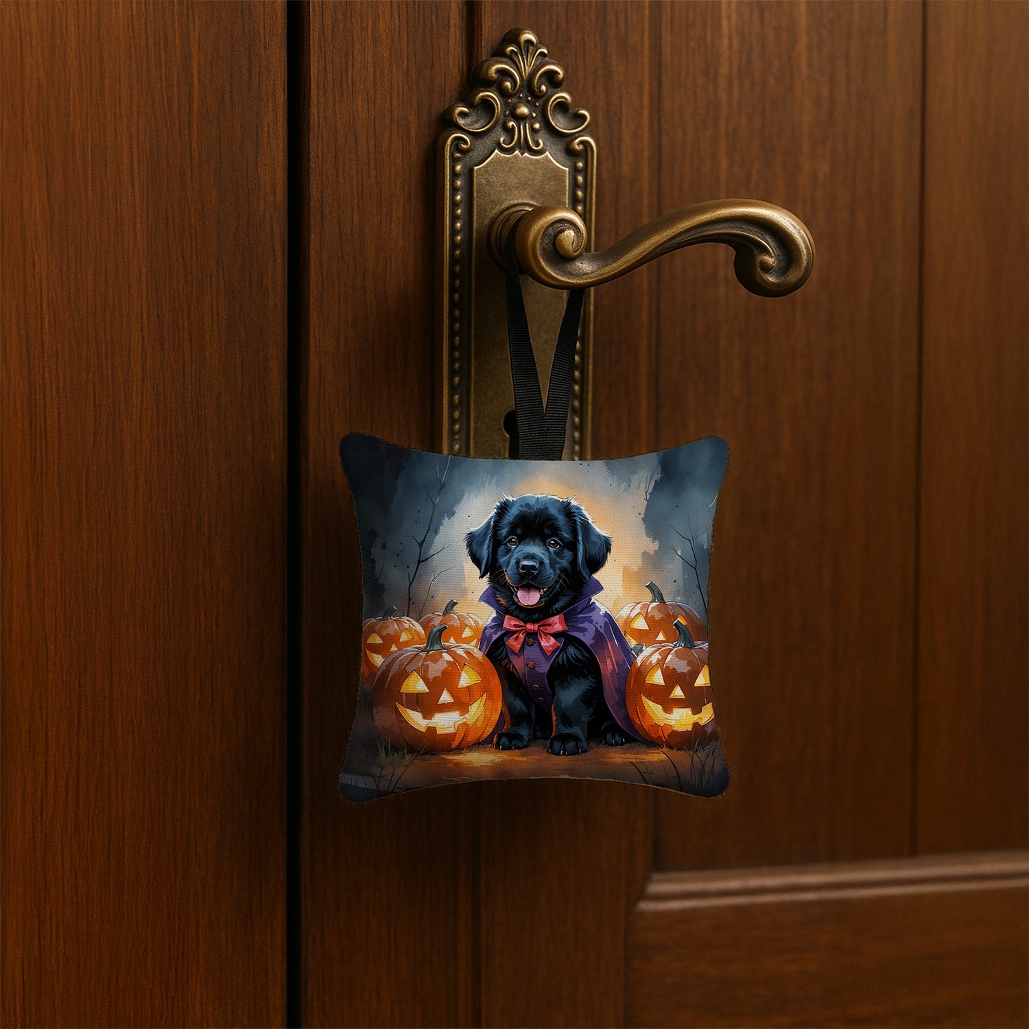 Black Newfoundland Puppy Halloween Hanging Square Fabric Ornament 3.5 × 3.5 Decorative Door-Knob & Tree Hanger, Soft Fabric