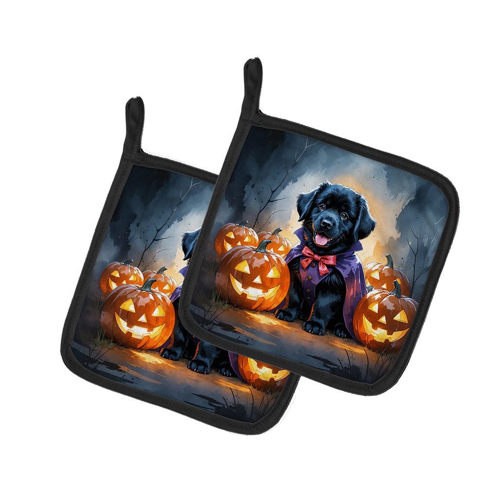 Black Newfoundland Puppy Halloween Pot Holder Set of 2 Heat Resistant Quilted Hot Pads 7.5 x 7.5 Inch, Insulated Kitchen Trivets for Cooking & Baking