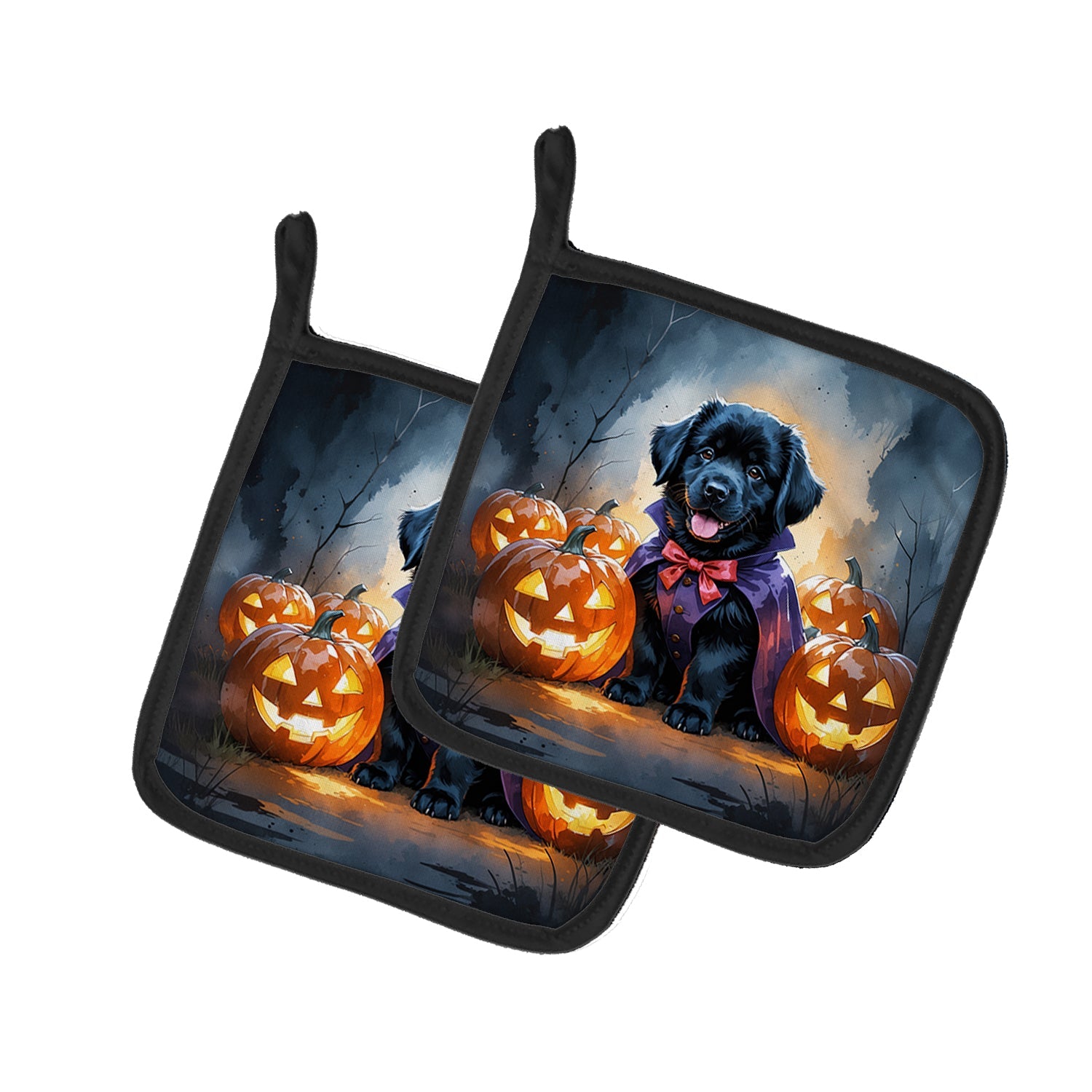 Black Newfoundland Puppy Halloween Pot Holder Set of 2 Heat Resistant Quilted Hot Pads 7.5 x 7.5 Inch, Insulated Kitchen Trivets for Cooking & Baking