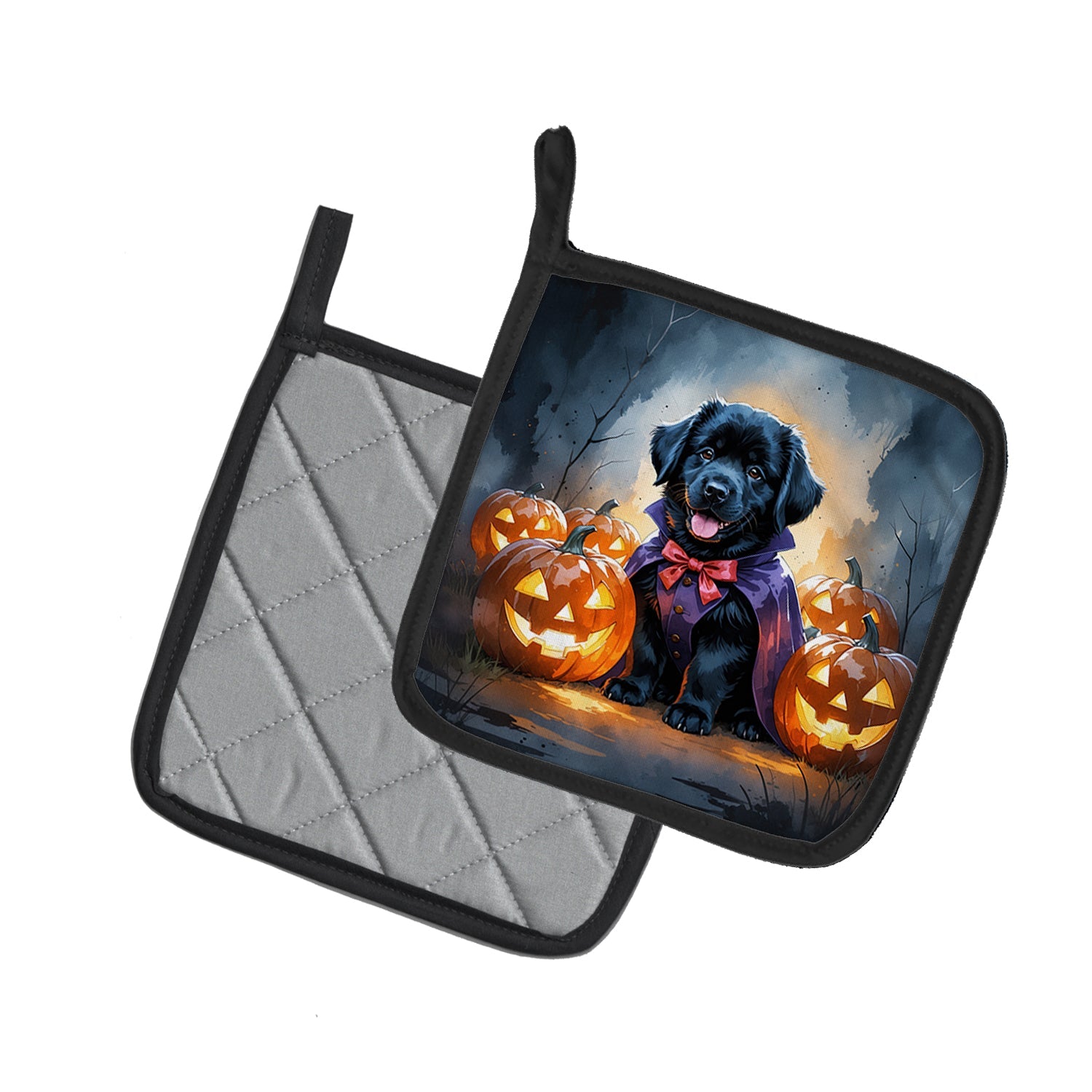 Black Newfoundland Puppy Halloween Pot Holder Set of 2 Heat Resistant Quilted Hot Pads 7.5 x 7.5 Inch, Insulated Kitchen Trivets for Cooking & Baking