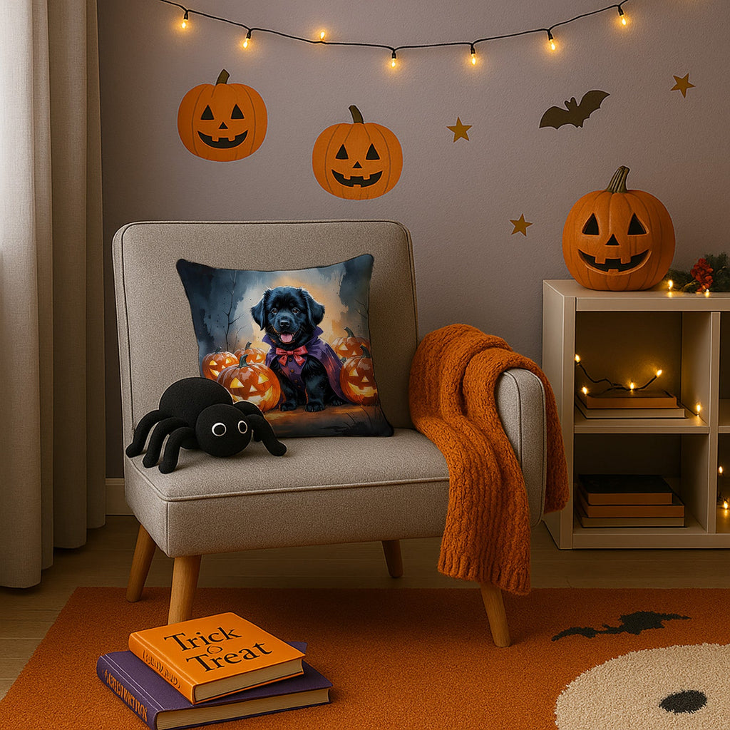 Black Newfoundland Puppy Halloween Decorative Throw Pillow 14x14 Indoor Outdoor Accent Cushion, Fabric Cover with Insert for Sofa, Bed, Porch & Living Room