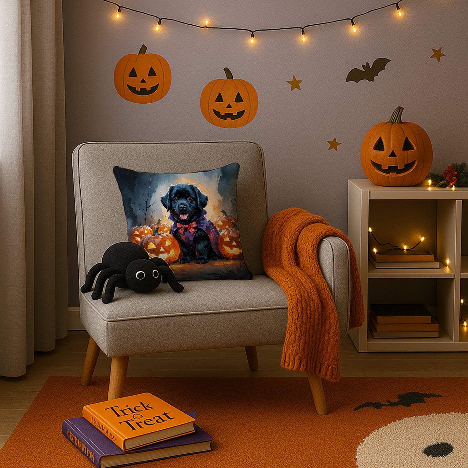 Black Newfoundland Puppy Halloween Decorative Throw Pillow 14x14 Indoor Outdoor Accent Cushion, Fabric Cover with Insert for Sofa, Bed, Porch & Living Room