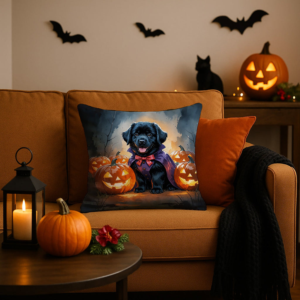Black Newfoundland Puppy Halloween Decorative Throw Pillow 18x18 Indoor Outdoor Accent Cushion, Fabric Cover with Insert for Sofa, Bed, Porch & Living Room