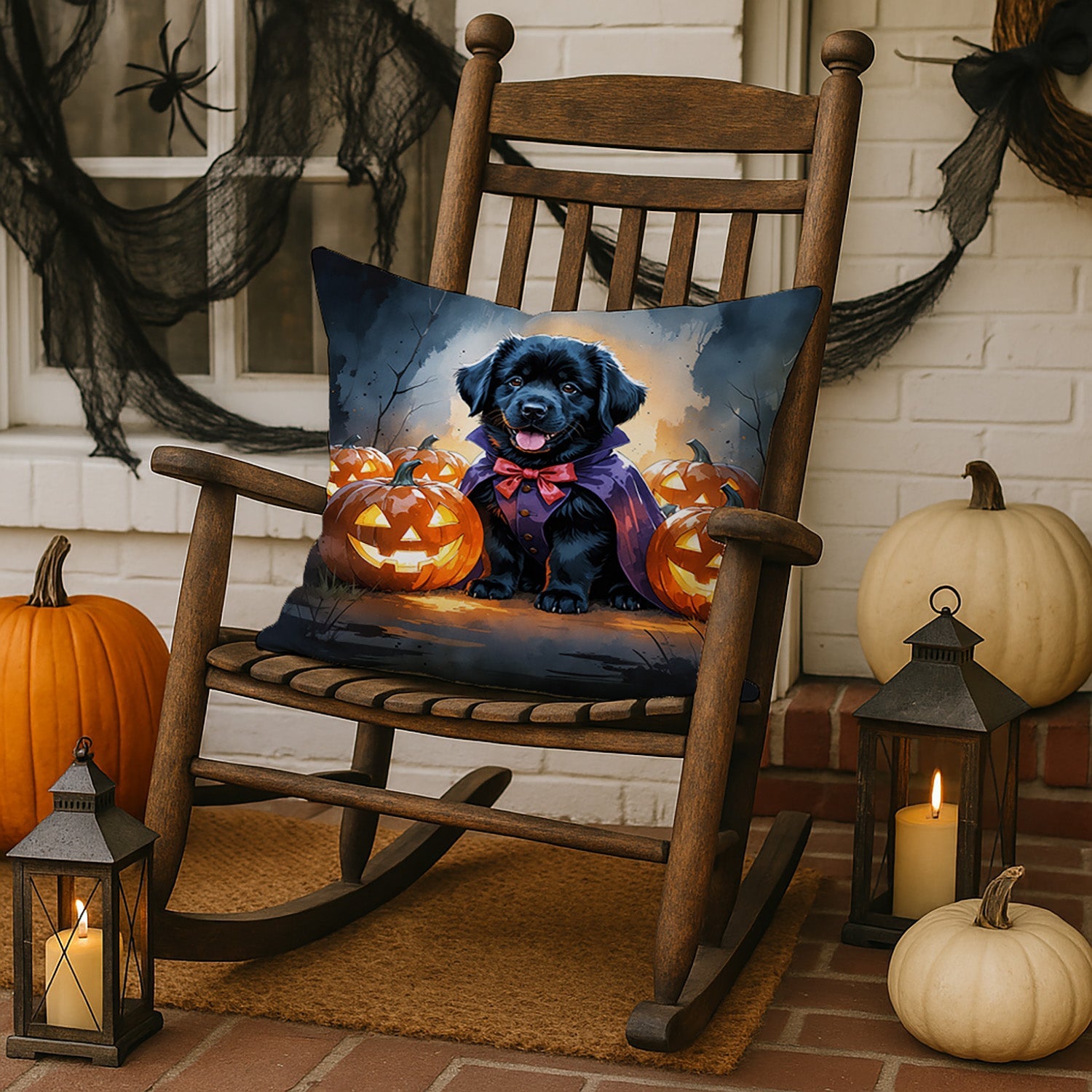 Black Newfoundland Puppy Halloween Decorative Throw Pillow 18x18 Indoor Outdoor Accent Cushion, Fabric Cover with Insert for Sofa, Bed, Porch & Living Room