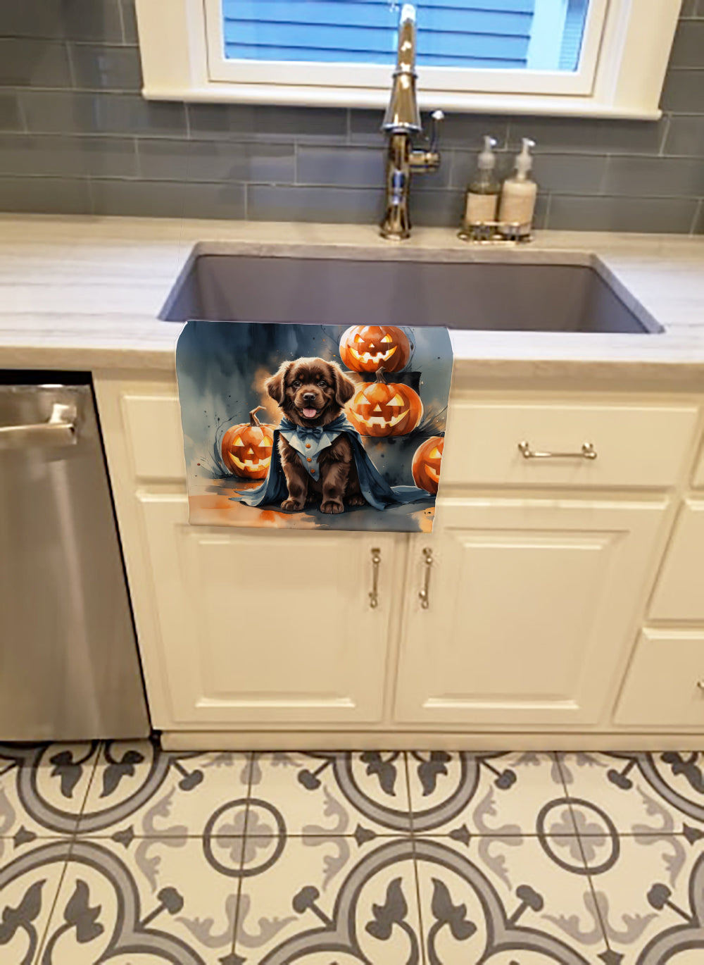 Chocolate Newfoundland Puppy Halloween Kitchen Towel Velour Plush Front and Cotton Loop Back Machine Washable