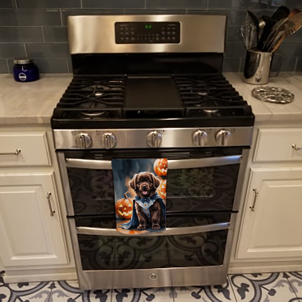 Chocolate Newfoundland Puppy Halloween Kitchen Towel Velour Plush Front and Cotton Loop Back Machine Washable