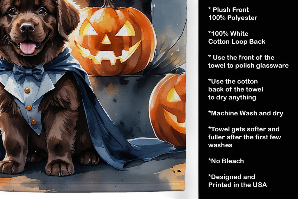 Chocolate Newfoundland Puppy Halloween Kitchen Towel Velour Plush Front and Cotton Loop Back Machine Washable