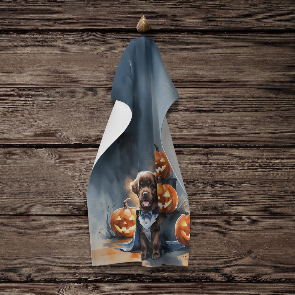 Chocolate Newfoundland Puppy Halloween Kitchen Towel Velour Plush Front and Cotton Loop Back Machine Washable