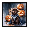 Chocolate Newfoundland Puppy Halloween Framed Metal Print Bathroom, Kitchen, Office, Home Decor Wall Art Ready to Hang, Square, 8X8